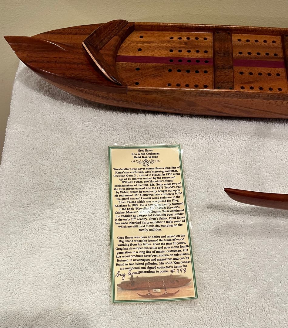 32" Koa Cribbage Board Canoe